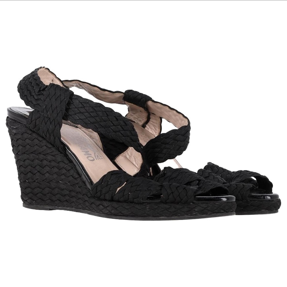 Salvatore Ferragamo Espadrille Black Straw Woven Wedge Sandals Sz 7